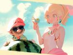  1boy 1girl bellhenge big_nose blonde_hair blue_eyes brooch dress earrings facial_hair food fruit hat hawaiian_shirt ice_cream ice_cream_cone jewelry mario mario_(series) mustache parasol pink_dress princess_peach shirt sleeveless sleeveless_dress sunglasses super_mario_sunshine umbrella upper_body watermelon 