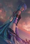  1girl aqua_(kingdom_hearts) bare_shoulders blue_eyes blue_hair blue_skirt breasts cassandra_(avocasso) cloud cloudy_sky detached_sleeves fingerless_gloves gloves hair_between_eyes highres holding holding_weapon keyblade kingdom_hearts looking_back medium_breasts ocean parted_lips partially_submerged short_hair signature skirt sky solo tank_top upper_body weapon wide_sleeves 