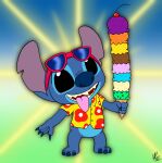  2022 3_toes 4_fingers aliasing alien aloha_shirt big_head black_eyes blue_body blue_claws blue_fur blue_nose bottomless cherry chest_tuft claws clothed clothing dessert digital_media_(artwork) disney experiment_(lilo_and_stitch) eyewear eyewear_on_head feet fingers flat_colors food fruit fur gradient_background happy hi_res ice_cream ice_cream_cone lilo_and_stitch maizie0201 notched_ear open_mouth open_smile pattern_clothing pattern_shirt pattern_topwear plant shirt signature simple_background smile solo standing stitch_(lilo_and_stitch) sunglasses sunglasses_on_head toes tongue tongue_out topwear tuft 