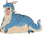  abdominal_bulge absurd_res belly big_belly black_claws blue_body blue_tail bodily_fluids claws feral gaping_mouth hi_res horn imperatorcaesar lying male markings on_front open_mouth overweight overweight_feral overweight_male pink_tongue quadruped saliva saliva_on_tongue saliva_string side_view simple_background solo species_request striped_back striped_markings striped_tail stripes tail_markings tan_body tan_horn tan_tail tongue white_background yellow_body yellow_eyes yellow_tail 