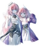  absurdres blue_eyes breasts chinese_commentary coat commentary_request company_connection cyrene_(honkai:_star_rail) cyrene_(philia093)_(honkai:_star_rail) dress elf elysia_(honkai_impact) elysia_(sweet_memories)_(honkai_impact) hat highres holding holding_paper honkai:_star_rail honkai_(series) honkai_impact_3rd inoue_marina jewelry long_hair looking_at_viewer medium_breasts multicolored_hair necklace official_alternate_costume paper pink_hair pointy_ears purple_coat short_hair simple_background small_breasts smile tilted_headwear two-tone_hair very_long_hair voice_actor_connection white_background white_dress white_hair white_hat yanning yong_leishui_jiaohuan_ai 