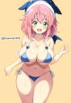  1girl alternate_costume bikini blue_bikini blue_hat blush breasts cleavage collarbone commentary_request cowboy_shot green_eyes hat highres huge_breasts kyanta5354 looking_at_viewer navel okunoda_miyoi open_mouth pink_hair side-tie_bikini_bottom simple_background smile solo stomach swimsuit touhou twitter_username whale_hat yellow_background 