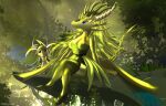  2022 anthro blue_eyes breasts clothed clothing day detailed_background digital_media_(artwork) dragon female forest hair hi_res horn non-mammal_breasts outside plant telleryspyro tree 