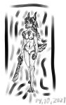  10:16 absurd_res anthro breasts canid canine canis digital_media_(artwork) drawing ears_up female fur hair hi_res jackal long_ears mammal melee_weapon monochrome nipples simple_background sketch solo sword the_dark_skull weapon 