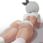  1girl ass bea_(pokemon) commentary cropped_shirt dark-skinned_female dark_skin from_behind grey_hair highres knee_pads lying on_stomach pokemon pokemon_(game) pokemon_swsh print_shorts shirt short_hair short_sleeves shorts solo stopu thighs white_background white_shirt 