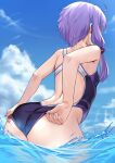  1girl absurdres adjusting_clothes adjusting_swimsuit ahoge ass back back_cutout bare_arms bare_shoulders blue_sky breasts clothing_cutout cloud competition_swimsuit cowboy_shot day hair_tubes highres leaning_forward nail_polish ocean one-piece_swimsuit outdoors purple_nails purple_swimsuit short_hair_with_long_locks sidelocks sky small_breasts solo swimsuit tenneko_yuuri voiceroid wading water yuzuki_yukari 