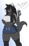  &lt;3 2020 anthro beanie big_breasts black_clothing black_hair black_legwear black_stockings blue_bottomwear blue_clothing blue_shorts bottomwear breasts brown_eyes canid canine canis cellphone chest_wraps clothed clothing dee_(dewwydarts) dewwydarts dialogue domestic_dog female fur gradient_background grey_body grey_fur hair hat headgear headwear hi_res holding_cellphone holding_object holding_phone holding_smartphone inner_ear_fluff jacket legwear mammal open_clothing open_jacket open_mouth open_topwear phone shorts simple_background smartphone solo speech_bubble stockings topwear tuft wraps yellow_sclera 