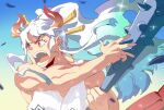  1girl aqua_hair blue_hair club_(weapon) earrings eyelashes floating_hair hashtag-only_commentary highres holding holding_weapon hoop_earrings horns japanese_clothes jewelry kanabou kimono looking_to_the_side mrjieshisu one_piece open_mouth orange_eyes ponytail sleeveless sleeveless_kimono solo sparkle twitter_username weapon white_hair white_kimono yamato_(one_piece) 