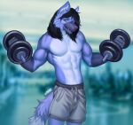  2022 anthro black_hair canid canine canis clothed clothing digital_media_(artwork) domestic_dog hair male mammal open_mouth purple_eyes shirtless solo teeth tongue variri 