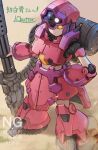  1girl :/ artist_name closed_mouth commentary_request commission desert dom_(mobile_suit) dom_barrage extra_eyes full_body gatling_gun gun gundam gundam_battle_operation_2 hand_on_own_hip highres holding holding_gun holding_weapon humanoid_robot joints lc_butter looking_at_viewer purple_eyes ringed_eyes robot robot_girl robot_joints sand science_fiction skeb_commission solo standing translation_request weapon yellow_eyes 