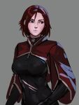  1girl adepta_sororitas black_bodysuit black_eyes bodysuit breasts brown_hair freckles grey_background highres looking_away looking_to_the_side medium_breasts scar scar_on_face short_hair simple_background sketch solo tarakanovich upper_body warhammer_40k 