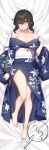  1girl :o absurdres aqua_eyes bare_legs bare_shoulders barefoot bed_sheet black_hair blue_kimono blush breasts cleavage collarbone dakimakura_(medium) floral_print full_body go-1 hair_bun highres idolmaster idolmaster_cinderella_girls japanese_clothes kimono large_breasts looking_at_viewer lying obi off_shoulder on_back print_kimono sagisawa_fumika sash single_side_bun solo toes wide_sleeves 