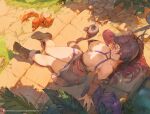  1girl bangs bare_shoulders boots breasts brown_eyes brown_hair cleavage collarbone cutesexyrobutts detached_sleeves dress golden_sun jenna_(golden_sun) large_breasts long_hair looking_at_viewer one_eye_closed parted_bangs ponytail sitting thighs 