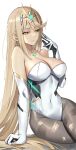  1girl bangs bare_shoulders blonde_hair breasts chest_jewel cleavage covered_navel elbow_gloves gem gloves headpiece highres jewelry keisuke_desu~ large_breasts leotard long_hair mythra_(xenoblade) pantyhose skin_tight solo strapless strapless_leotard swept_bangs tiara torn_clothes torn_legwear very_long_hair xenoblade_chronicles_(series) xenoblade_chronicles_2 yellow_eyes 