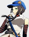  1girl arm_warmers artist_name bare_shoulders belt black_belt black_necktie blue_bag blue_hat breasts brown_hair collar collared_shirt commentary crossbody_bag elbow_gloves fingerless_gloves gloves green_eyes hat highres holding_strap large_breasts lips lock marie_(persona_4) necktie padlock padlocked_collar persona persona_4 persona_4_the_golden plaid_clothes plaid_skirt pppppknw red_collar safety_pin shirt short_hair sidelocks skirt sleeveless sleeveless_shirt solo striped_arm_warmers striped_clothes upper_body white_shirt 