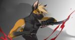  2022 5_fingers anthro blood bodily_fluids canid canine digital_media_(artwork) eyebrows fingers green_eyes hair holidng_weapon kodashi male mammal solo 