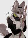  anthro apron canid canine canis cleaning_tool clothing collar fur green_collar green_eyes grey_body grey_fur maid_uniform male mammal mop simple_background solo solo_focus stained_clothing tongue tongue_out uniform white_background wolf zapf 