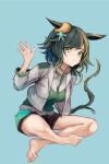  1girl animal_ears barefoot breasts brown_shorts closed_mouth commentary_request ears_through_headwear frown green_eyes green_hair green_vest hat horse_ears horse_girl horse_tail jacket kiseki_(miracle_author)_(umamusume) kiseki_(umamusume) large_breasts long_sleeves looking_at_viewer multicolored_hair shirt short_hair shorts simple_background sitting solo streaked_hair tail umamusume vest white_jacket white_shirt white_streaks yanagi_wakana yellow_hat 