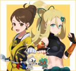  2girls :d bangs bare_shoulders black_gloves black_tank_top blonde_hair brown_eyes brown_hair clenched_hand closed_mouth fingerless_gloves gloria_(pokemon) gloves green_eyes hair_between_eyes hair_bun hair_ornament jacket korrina_(pokemon) kubfu long_hair looking_at_viewer marshadow marshadow_(zenith) master_dojo_uniform midriff multiple_girls official_alternate_costume outstretched_arm pokemon pokemon_(creature) pokemon_(game) pokemon_masters_ex ponytail sash sleeveless smile tank_top upper_body white_gloves wooxxwoo yellow_jacket 