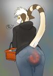  anal_fluids anal_prolapse anthro big_butt blush bodily_fluids bottomwear bulge bulge_from_behind butt clothed clothed_anthro clothing crowbarcrow denim denim_bottomwear denim_clothing domestic_cat embarrassed felid feline felis hair hi_res hyper_prolapse jeans looking_back low-angle_view male mammal markings pants presenting presenting_hindquarters prolapse public raised_tail shopping_basket solo striped_markings striped_tail stripes tail tail_markings tan_body thick_thighs thought_bubble tongue tongue_out translucent translucent_clothing white_hair worried_look yellow_sclera 