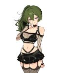  1girl absurdres arm_behind_back bare_shoulders black_bra black_choker black_skirt bra breasts bright_pupils choker closed_mouth commentary cowboy_shot double-parted_bangs finger_to_mouth fishnet_thighhighs fishnet_top fishnets garter_straps green_hair hair_between_eyes hand_up harness highres large_breasts latex_skirt layered_shirt legs_together looking_at_viewer miniskirt navel navel_piercing o-ring o-ring_harness piercing purple_eyes side_ponytail simple_background skirt smile solo sousou_no_frieren standing thighhighs twitter_username ubel_(sousou_no_frieren) underwear vivianvalenart white_background white_pupils 