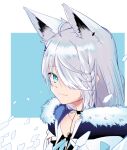  1girl ahoge animal_ear_fluff animal_ears bangs black_choker blue_eyes braid choker closed_mouth extra_ears fox_ears fur-trimmed_jacket fur_trim hair_over_one_eye hololive jacket long_hair looking_at_viewer portrait senhaku shirakami_fubuki solo virtual_youtuber white_hair white_jacket 