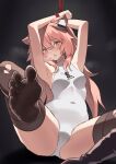  1girl animal_ear_fluff animal_ears arknights armpits arms_up artist_name bare_arms black_background blush bound bound_wrists breasts breath cameltoe covered_navel goyain gravel_(arknights) groin leg_up leotard long_hair looking_at_viewer no_shoes open_mouth orange_eyes pink_hair restrained rope sitting small_breasts solo spread_legs thighhighs toes torn_clothes torn_legwear turtleneck white_leotard 