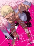  1boy absurdres blonde_hair commentary_request donquixote_doflamingo evil_smile feather_cape gomoku_0318 happy_birthday highres male_focus one_piece pants pink_background shirt short_hair smile solo splatter string sunglasses tongue tongue_out white_shirt 