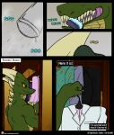  2017 anthro brush brushing brushing_teeth closet clothing colored comic dragon english_text green_body green_scales hi_res horn if_hell_had_a_taste male muscular muscular_anthro muscular_male red_eyes scales shirt shower_head skylar_fidchell solo sound_effects suit teeth text toothbrush topwear towel viroveteruscy water yellow_body yellow_scales yellow_sclera 