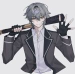  1boy bandaid bandaid_on_cheek bandaid_on_face baseball_bat black_gloves buttons caelus_(honkai:_star_rail) closed_mouth collared_shirt commentary_request fingerless_gloves gloves graphia_academy_school_uniform grey_hair grey_jacket hair_between_eyes hands_up highres holding holding_baseball_bat honkai:_star_rail honkai_(series) jacket korean_commentary lapels long_sleeves looking_at_viewer male_focus mays20621 official_alternate_costume open_clothes open_jacket orange_eyes school_uniform shirt short_hair simple_background smile solo trailblazer_(honkai:_star_rail) upper_body white_background white_shirt 