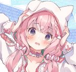  1girl @_@ arm_cutout blue_eyes blush braid choker clothing_cutout collarbone commentary error_message fingernails frilled_choker frills gradient_eyes green_hoodie hair_between_eyes hair_ornament hair_scrunchie hakui_koyori hakui_koyori_(summer) hands_on_own_head heart heart_hair_ornament heraraido_re highres hololive hood hoodie long_hair looking_at_viewer multicolored_eyes nail_polish open_mouth pink_choker pink_hair pink_nails pom_pom_(clothes) purple_eyes scrunchie solo tearing_up twintails two-tone_choker two-tone_hoodie virtual_youtuber white_choker white_hoodie white_scrunchie wing_hair_ornament wolf_girl 