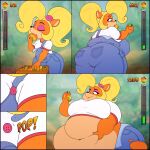  absurd_res activision anthro belly butt clothing coco_bandicoot crash_bandicoot_(series) eating female food fruit fur hi_res meter obese obese_anthro obese_female overweight overweight_anthro overweight_female plant shirt solo stunnerpony thick_thighs topwear video_games weight_gain wumpa_fruit 