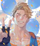  1boy balloon black_gloves blonde_hair blue_hoodie brown_hair closed_eyes collarbone commentary_request confetti english_text fingerless_gloves forked_eyebrows gloves grin hand_up happy_birthday highres hood hoodie luke_sullivan male_focus multicolored_hair parted_hair print_shirt scar scar_across_eye scar_on_cheek scar_on_face shirt short_hair sleeveless sleeveless_hoodie smile solo street_fighter street_fighter_6 string_of_flags talgi two-tone_hair v 