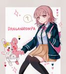  1girl ? black_jacket black_shirt bow commentary danganronpa_(series) danganronpa_2:_goodbye_despair diaper ear_bow feet_out_of_frame hao_xiang_zai_chi_dian_shu_tiao_a heart highres invisible_chair jacket long_sleeves miniskirt nanami_chiaki open_clothes open_jacket shirt sitting skirt spoken_question_mark untranslatable_commentary white_background white_shirt 