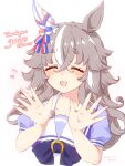  1girl absurdres animal_ears blush bow bowtie closed_eyes collarbone commentary_request ear_bow ear_covers facing_viewer grey_hair hair_between_eyes highres horse_ears horse_girl long_hair multicolored_hair musical_note open_mouth puffy_short_sleeves puffy_sleeves purple_bow purple_bowtie purple_shirt sailor_collar sailor_shirt school_uniform shirt short_sleeves simple_background single_ear_cover smile solo streaked_hair szykkz tracen_school_uniform umamusume white_sailor_collar wonder_acute_(umamusume) 
