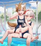  2boys :p absurdres anal animal_ears bangs bare_shoulders barefoot blue_swimsuit collarbone dog_boy dog_ears dog_tail erection feet genshin_impact gorou_(genshin_impact) grey_hair highres itsme_takk kaedehara_kazuha male_focus multicolored_hair multiple_boys orange_hair otoko_no_ko penis pool red_eyes red_hair sex sex_from_behind short_hair smile soles streaked_hair sweatdrop swimsuit tail toes tongue tongue_out white_hair yaoi 