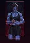  abs alien artist_name bandaged_hand bandages biceps black_hair blue_skin bob_cut breasts colored_skin highres large_breasts looking_at_viewer meridaladida muscular muscular_female red_eyes scar scar_on_face short_hair sportswear star_wars veins veiny_arms 