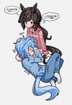  2girls animal_ears blue_hair blue_pajamas blue_pants blue_shirt blush closed_eyes closed_mouth commentary_request curled_up daiichi_ruby_(umamusume) drill_hair drill_sidelocks hair_between_eyes headpat highres horse_ears horse_girl horse_tail k.s.miracle_(umamusume) lap_pillow long_hair long_sleeves multiple_girls pajamas pants parted_lips pink_pajamas pink_pants pink_shirt purple_eyes saramiao-chan shirt short_hair side_drill sidelocks simple_background socks speech_bubble sweatdrop tail translation_request twin_drills umamusume white_socks yuri 