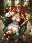  1girl arm_up armchair armored_boots artist_name belt blondynkitezgraja blue_eyes boots breasts bullet chair cleavage closed_mouth crossed_legs curtains day dress flower forehead_jewel from_above gem gold_belt gold_boots gold_gauntlets gun headpiece highres holding holding_bullet indoors kaze_no_tani_no_nausicaa kushana large_breasts looking_at_viewer on_chair plant potted_plant puffy_sleeves red_hair red_lips round_table signature single_sleeve sitting solo table thigh_boots thighhighs tile_floor tiles weapon web_address white_dress white_thighhighs 