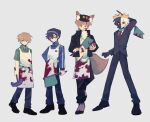  1other 3boys animal_ears animification apron axe beanie black_hair black_hat black_jacket black_pants black_shoes black_skin black_suit blonde_hair blood blood_on_clothes blood_on_weapon blue_eyes blue_pants blue_shirt colored_skin commentary crown dream_smp english_commentary fox_boy fox_ears fox_tail full_body fundy_(youtuber) green_eyes green_shirt hat height_difference heterochromia highres holding holding_axe holding_pickaxe humanization jacket male_focus minecraft_axe minecraft_pickaxe minecraft_youtube multicolored_hair multicolored_skin multiple_boys necktie official_alternate_costume open_clothes open_jacket orange_hair pants pickaxe quackity ranboo red_eyes red_necktie shirt shoes short_hair simple_background split-color_hair split-color_skin standing suit tail tubbo two-tone_hair two-tone_skin weapon whalebone_(muffinsuki) white_apron white_background white_hair white_shirt white_skin 