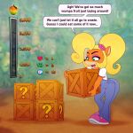  &lt;3 absurd_res activision anthro blonde_hair butt clothing coco_bandicoot crash_bandicoot_(series) crate female food fruit fur hair hi_res overalls plant solo stunnerpony text video_games wumpa_fruit 