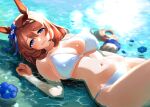  1girl absurdres animal_ears bikini blue_bow blue_eyes blush bow braid breasts brown_hair cleavage commentary ear_bow flower hair_between_eyes highres horse_ears horse_girl large_breasts long_hair looking_at_viewer lying multicolored_hair narumi_yuzurai navel on_back open_mouth partially_submerged smile solo stomach streaked_hair super_creek_(umamusume) swimsuit umamusume very_long_hair water white_bikini white_hair 