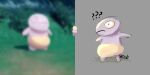  ambiguous_gender belly blur_(disambiguation) blurred_background blurred_foreground blurry_screencap colored grass la_creatura leaked_pokemon pink_body plant screencap semi-anthro shaded signature simple_background solo unknown_species yand&eacute;d&eacute; yellow_belly 