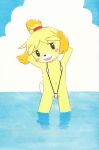 2017 animal_crossing anthro blush canid canine canis clothed clothing cute_eyes domestic_dog female flat_chested fur gomasuke hair hands_behind_head hi_res isabelle_(animal_crossing) looking_at_viewer mammal nintendo open_mouth outside shih_tzu skimpy smile solo solo_focus standing standing_in_water swimwear toy_dog video_games water yellow_body yellow_fur 