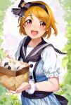  1girl :d absurdres black_hairband black_sailor_collar food hairband highres koizumi_hanayo looking_at_viewer love_live! nakano_maru onigiri pink_eyes puffy_short_sleeves puffy_sleeves sailor_collar short_sleeves smile solo twitter_username wrist_cuffs 