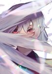  1girl angel_wings bangs brooch covered_face dress feathers hair_between_eyes hair_over_eyes jewelry kishin_sagume late_(late327) long_hair looking_to_the_side purple_dress simple_background solo touhou upper_body white_background wings 