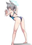  1girl animal_ear_fluff animal_ears ass backless_swimsuit bangs bare_arms bare_legs bare_shoulders barefoot black_swimsuit blue_archive blue_eyes blush from_behind grey_hair hair_between_eyes halo highres looking_at_viewer looking_back one-piece_swimsuit parted_lips ponytail shadow shiroko_(blue_archive) solo standing swimsuit white_background yuiji_(yui-yukaona) 