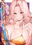  1girl bikini blonde_hair blue_eyes breasts brown_dust_(series) brown_dust_2 cleavage collarbone commentary_request covered_nipples darian_silverstein deep_skin forehead front-tie_bikini_top front-tie_top gold_bikini hair_intakes highres holding holding_sword holding_weapon huge_breasts kawakami_masaki light_smile long_hair looking_at_viewer micro_bikini parted_bangs parted_hair parted_lips sidelocks simple_background solo strap_pull swimsuit sword upper_body weapon 
