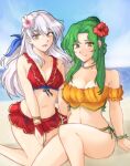  2girls :d absurdres bangs bare_shoulders beach bikini bikini_skirt blue_sky blush breasts brown_eyes cleavage collarbone elincia_ridell_crimea fingerless_gloves fire_emblem fire_emblem:_radiant_dawn fire_emblem_heroes flower gloves green_hair grey_hair hair_flower hair_ornament hair_ribbon hibiscus highres large_breasts long_hair looking_at_viewer medium_breasts micaiah_(fire_emblem) miniskirt multiple_girls navel ocean official_alternate_costume open_mouth orange_bikini orange_swimsuit red_bikini red_gloves red_swimsuit ribbon sand side-tie_bikini sitting skirt sky smile swimsuit tridisart wristband yellow_eyes 