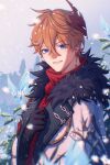  1boy ahoge aiguillette black_gloves blue_eyes blurry blurry_foreground coat coat_on_shoulders commentary crossed_bangs crystalfly_(genshin_impact) day earrings fatui_coat fur-trimmed_coat fur_trim genshin_impact gloves hair_between_eyes hand_up highres jewelry koshikun lapels looking_at_viewer male_focus mask mask_on_head orange_hair outdoors parted_lips plant red_mask red_scarf scarf short_hair single_earring smile snowing solo tartaglia_(genshin_impact) untranslatable_commentary upper_body white_coat 